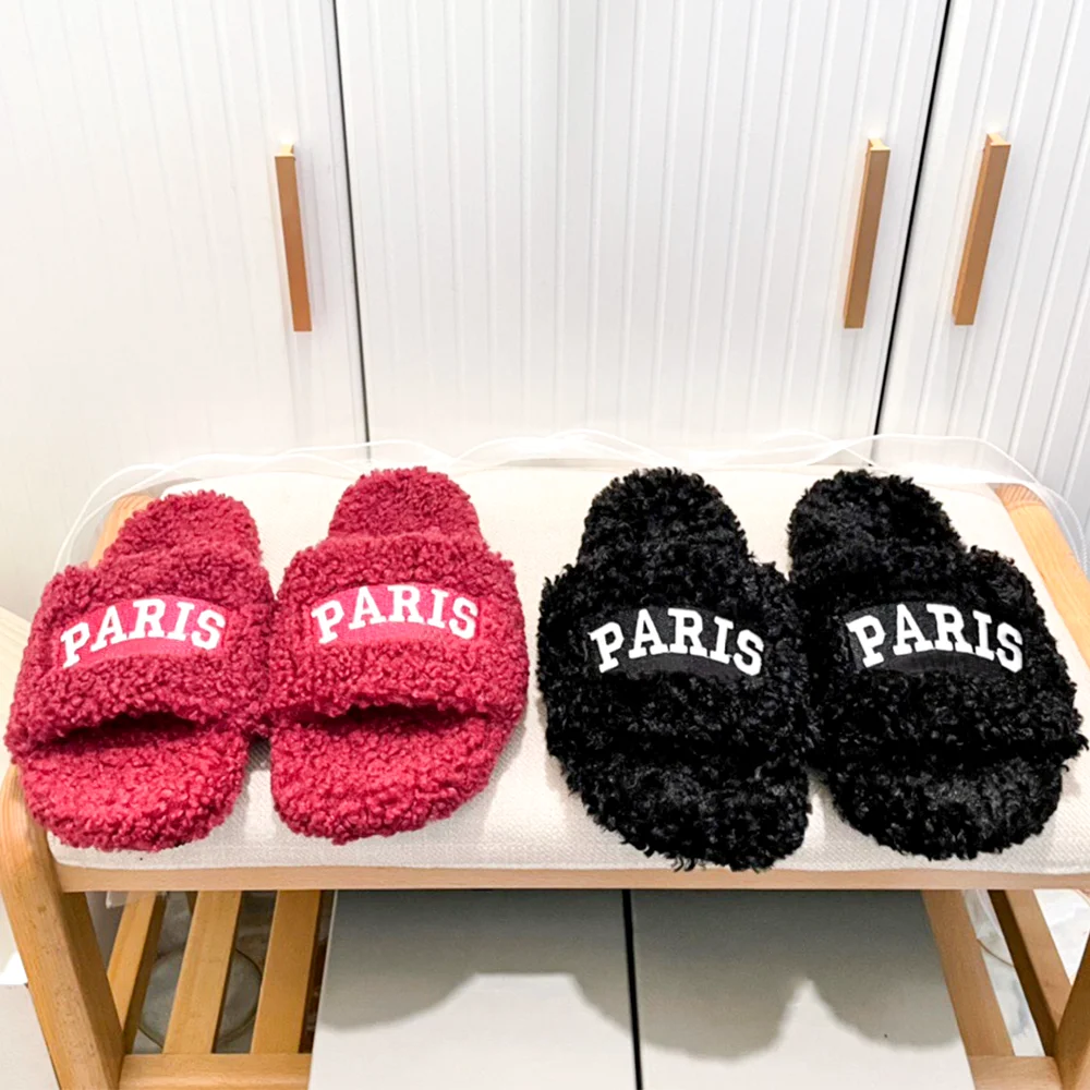 Women Luxury Warm Flat Footwear Female Slide Designer Sandal Plush Comfy Fashion Shoe Brand Lady Lamb Wool Outdoor Slipper