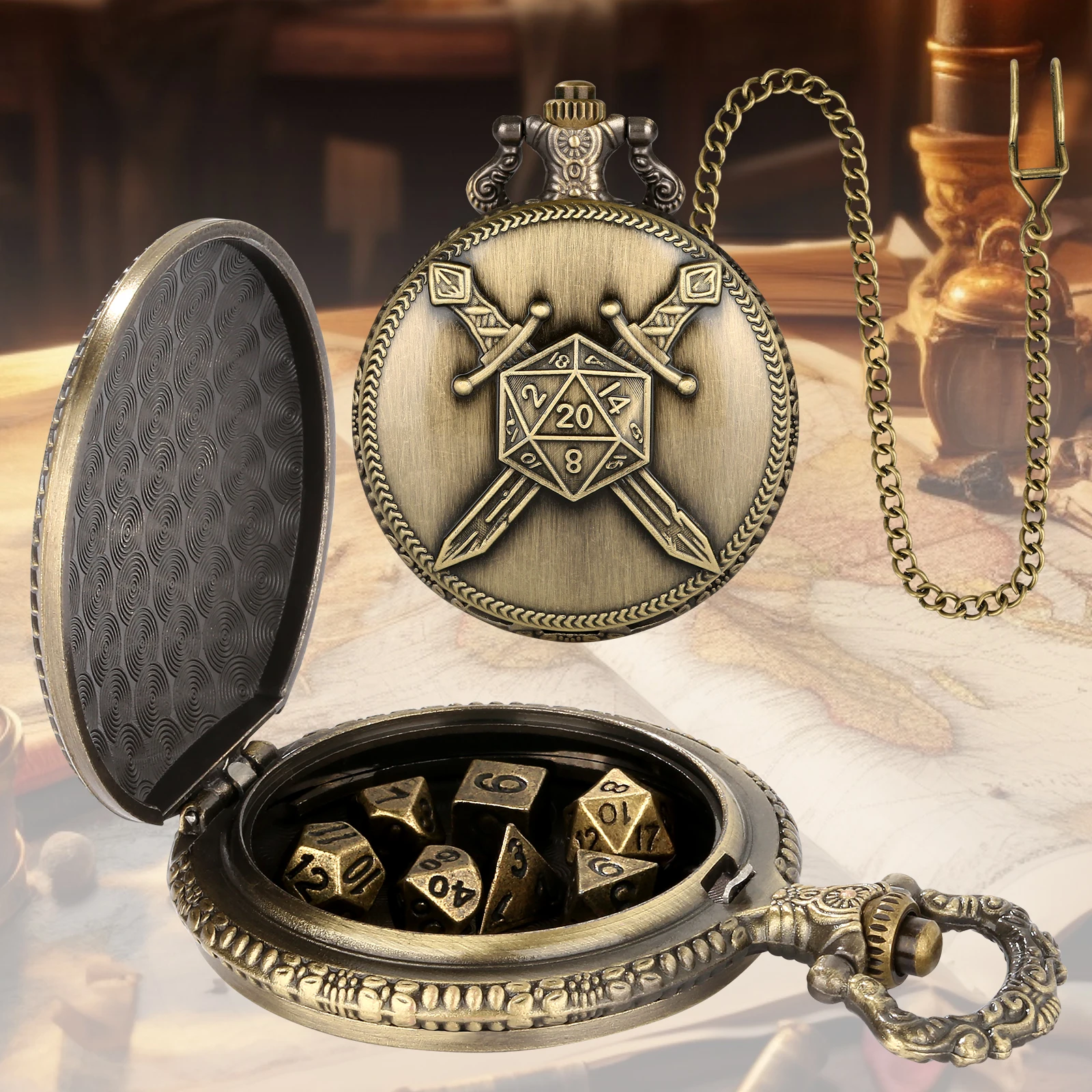 Double Swords Steampunk Vintage Pocket Watch Dice Tray with Lid Metal Dice Set Pocket Watch Case Shell