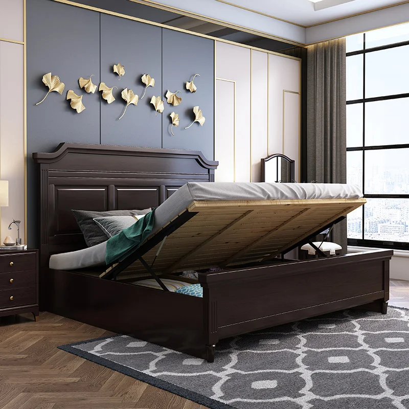 Wholesaler Traditional Solid Wood Bed Furniture Bedroom Sets American classic style black color bed