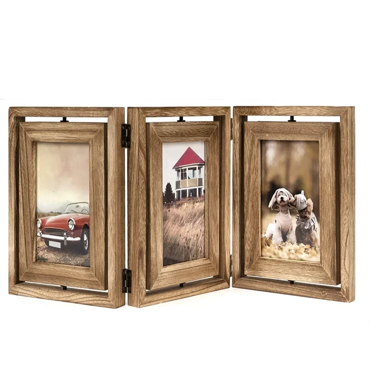 Rustic 4x6 double-sided display rotatable hinged folding triple picture wood creative frame photo for home tabletop