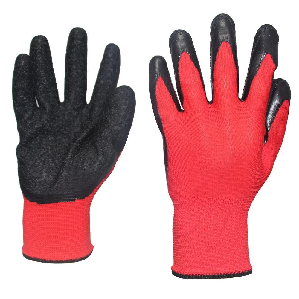 13Gague Polyester Lined Crinkle Latex Palm Coated Rubber Dipped Labor Protective Industrial Work Gloves