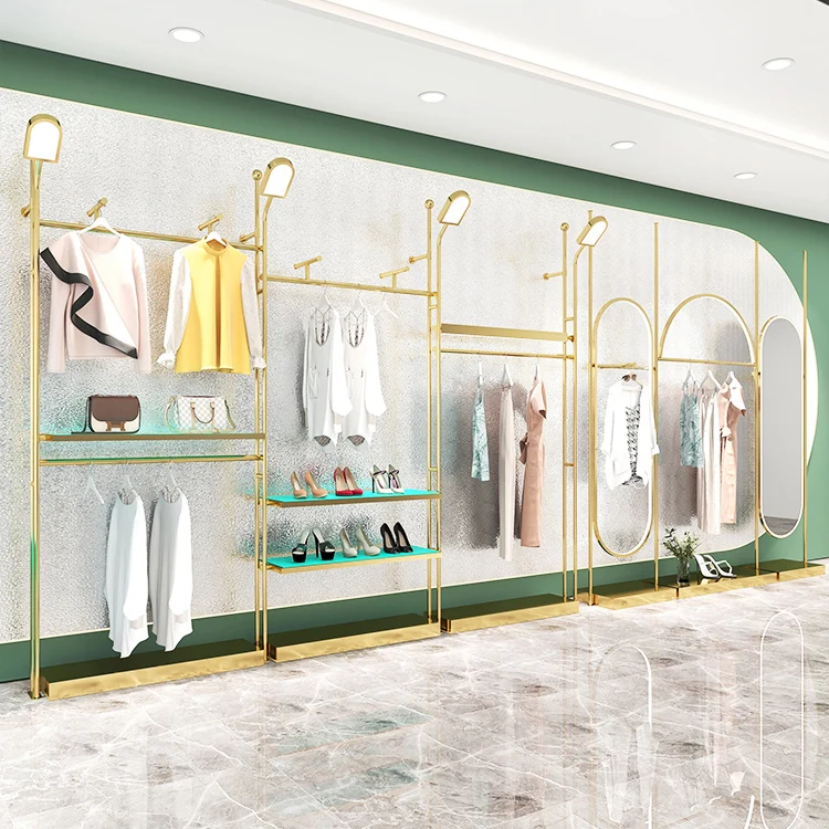 Clothing Store Display Stand Decoration Boutique Clothes Racks Metal Stainless Steel Mirror Gold Clothing Rack with LED Light
