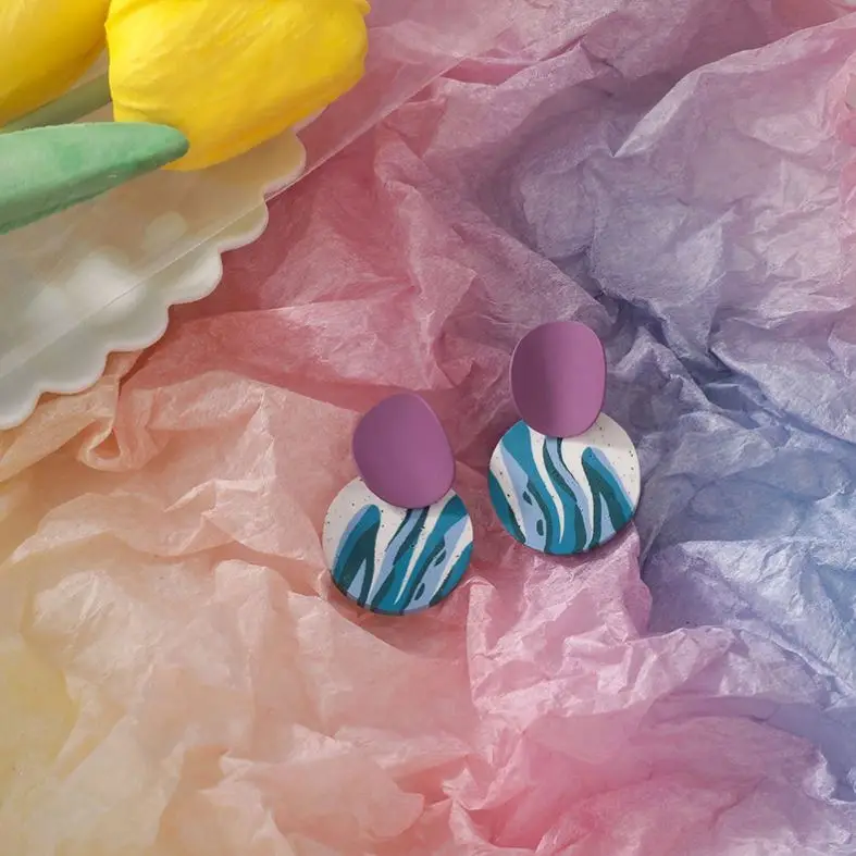 Bohemian Fashion Concave Alloy Handmade Round Polymer Clay Earrings For Women Jewelry