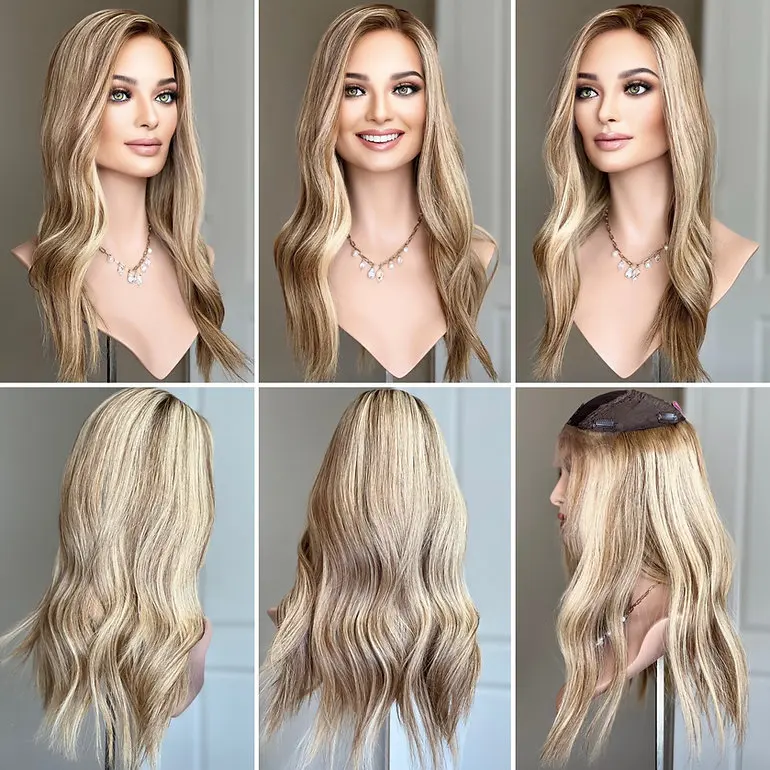 Премиум европейские волосы медовый светлый цвет шиньон завязанный на руках Шелковый топ утки назад 4x4 базовый парик для женщин