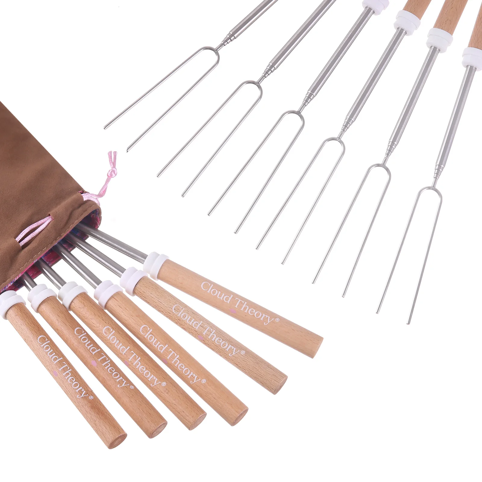 Custom High Quality Beech Wood Handle Marshmallow BBQ Skewers Telescoping Roasting Sticks Stainless Steel BBQ Stick Forks