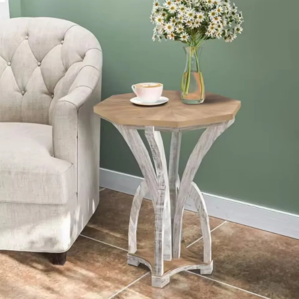 Octagonal Farmhouse Wood Side Table with Curved Legs Pedestal Design