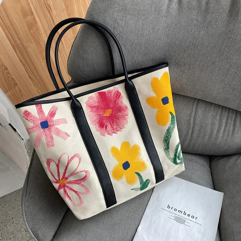 colorful printing fashion design canvas shopping bag tote handbags trendy large womens canvas bags