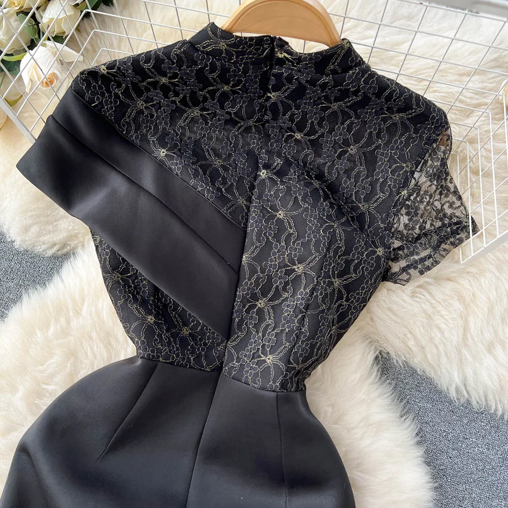Custom sexy lace embroidery patchwork irregular dress women short sleeve Fanny pack hip black evening black dress