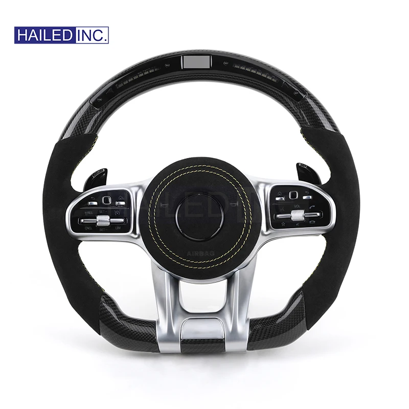 HAILED  With Led Half Alcantara Leather Volant Carbon Fiber Steering Wheel for Mercedes Benz C63s W205 W176 W221 CLS CLA AMG