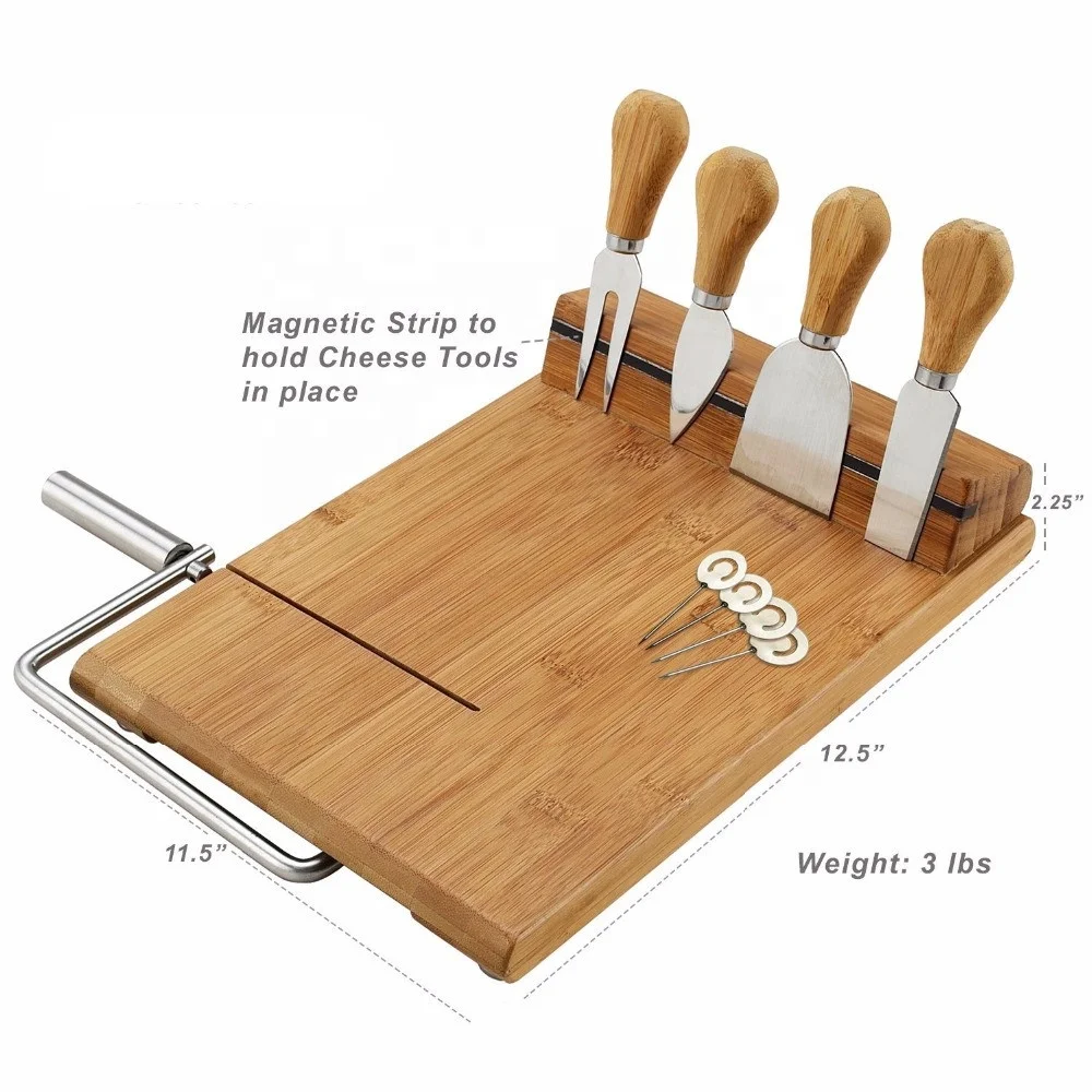 Bamboo Cheese Board Set with Wire Cheese Slicer and 4 Piece Stainless Steel Cheese Knife