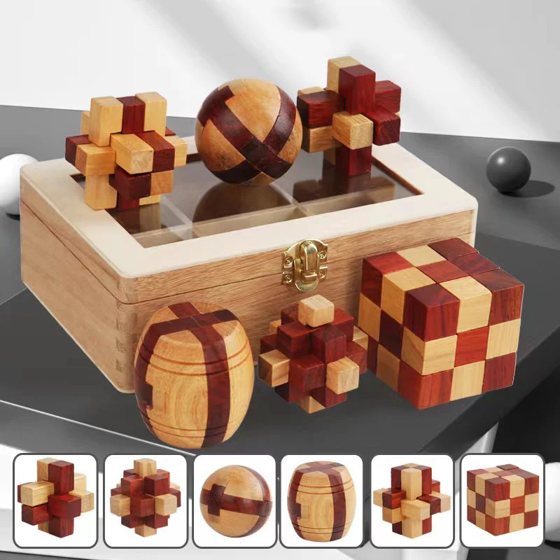 Wooden Puzzle Box Set (6 Games) - Challenging Brain Teasers 3D Puzzles for Adults with Decorative Storage Box Glass Lid