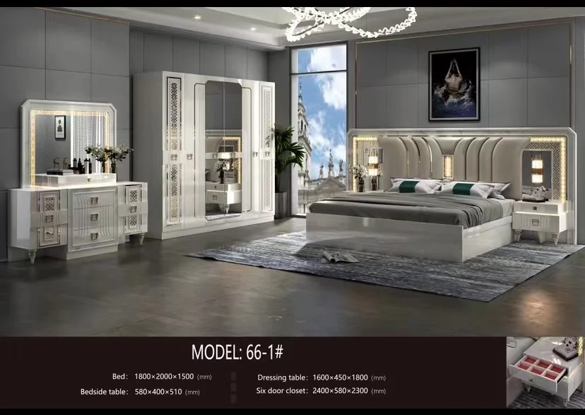 New Modern Luxury King Size Bed MDF Lighted Headboard Suite 6 Door Wardrobe Full Set Wooden Bedroom Furniture