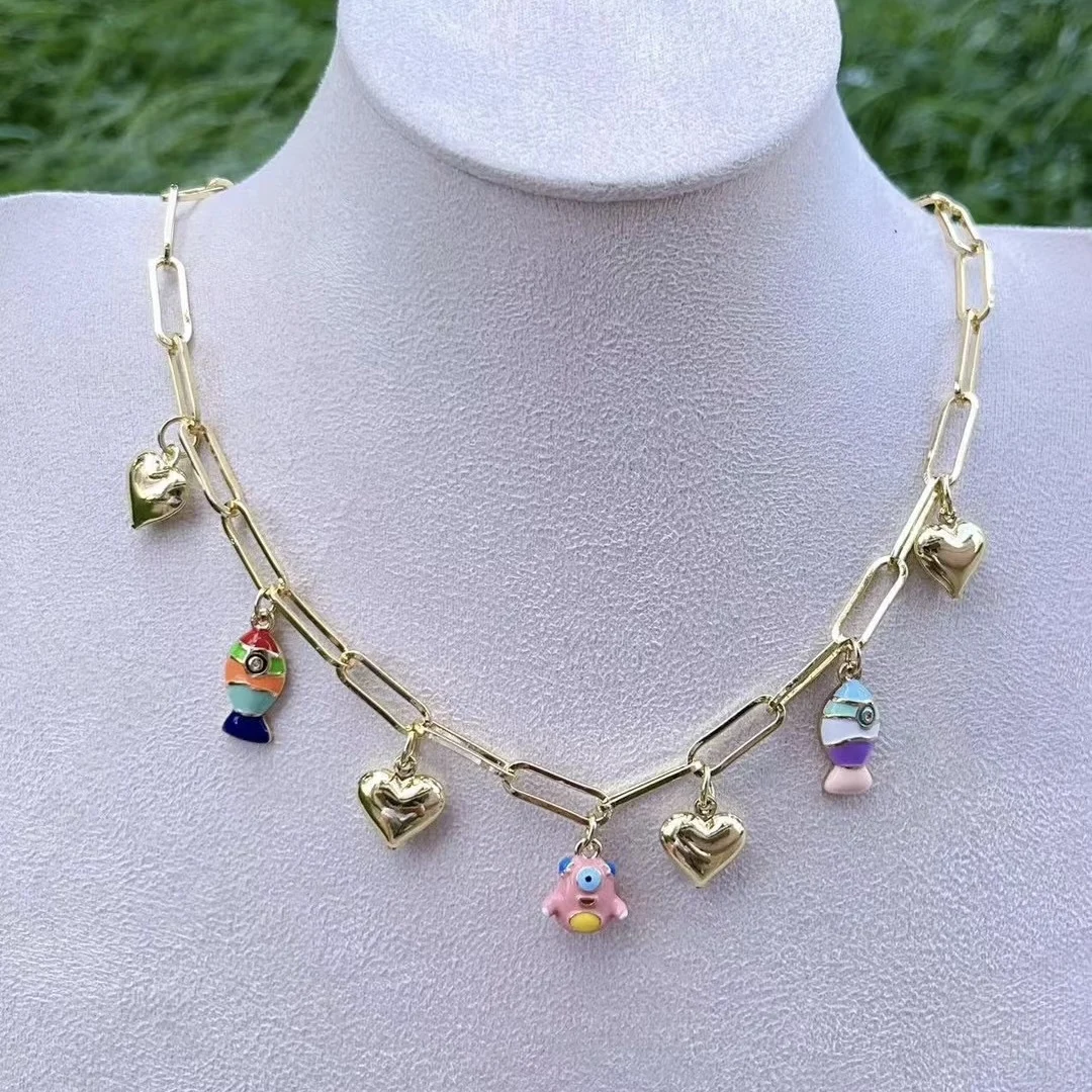 LS-L4026 Gorgeous Paper Clip Chain Necklaces Multi Enamel Charms Necklace Banana Ice Cream Watermelon Fruit Necklace