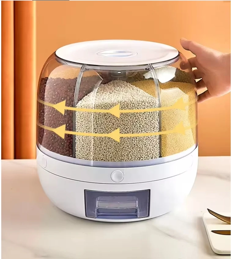 Hot Sale Rice Dispenser Kitchen Moisture-Proof 6-Grid Rotating Food Grain Dispenser Cereal Storage Box Rice Container Dispenser