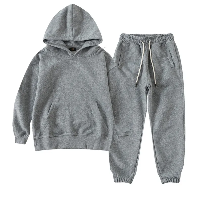  wholesale Kids Sweat Suits Children Boys Girls Solid Hooded Pullover Track Suit High Quality Jogger Clothing