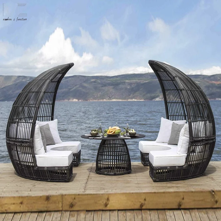 Modern Outdoor Furniture Garden PE Rattan Sun Lounger Soft Cushion Round Sun Bed Set with Aluminum Frame