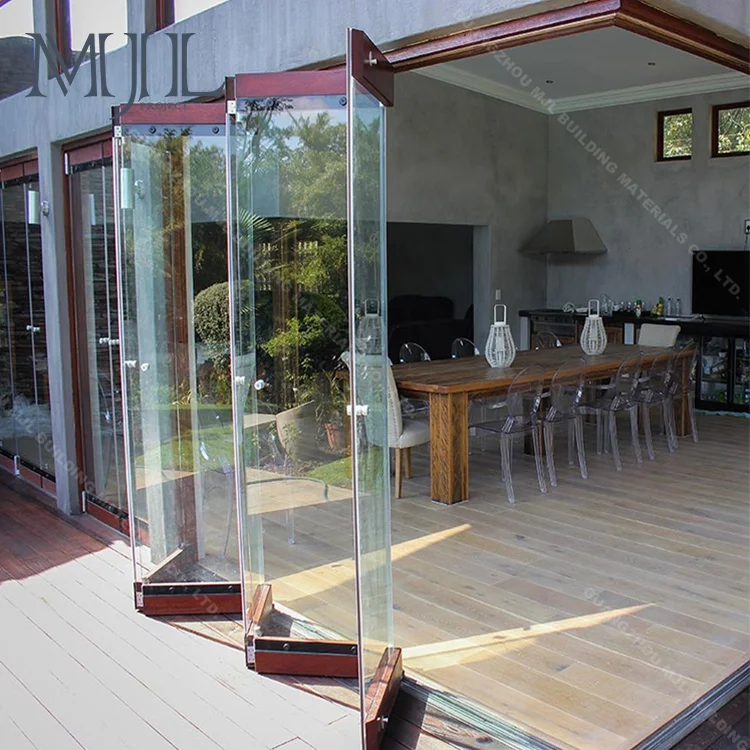 MJL folding frameless glass door tempered glass lowe glazed sliding folding door