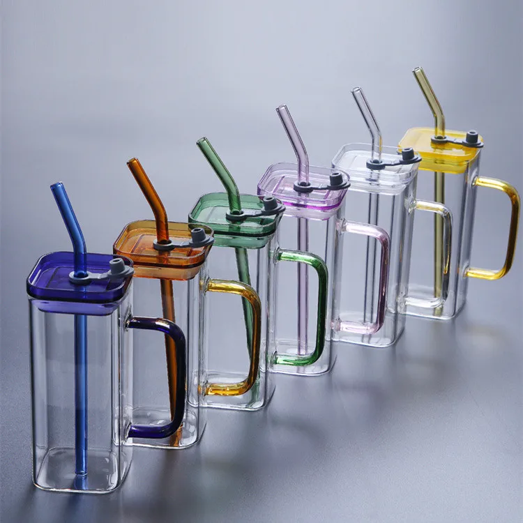 KK204  Clear Pink Green handle Cold Cups Clear SquareTumblers Borosilicate Glass beer Mug With Lids And Straw