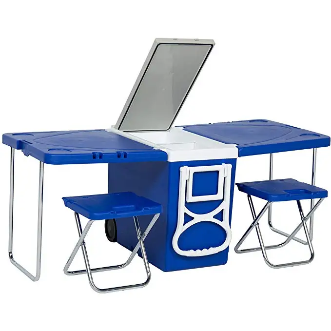 Double 11 Deals And Discounts Outdoor Rolling Cooler with Table And Chairs Product Testimonial Blue For Picnic Camping