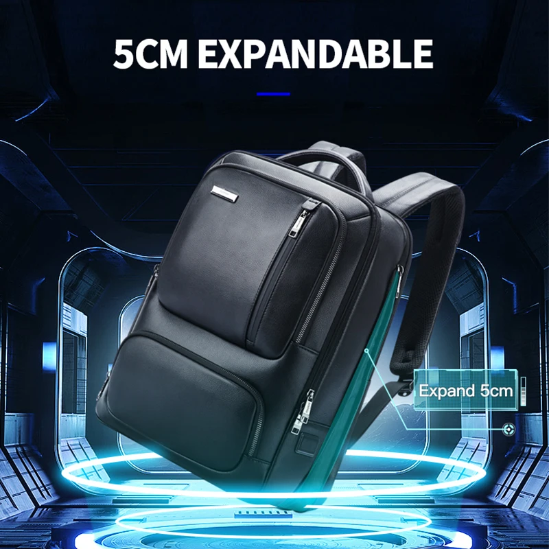 BOPAI BSCI Cowhide Men USB Charging Laptop 15.6 Inch Business Travel Expandable Anti Theft Custom Genuine Real Leather Backpack