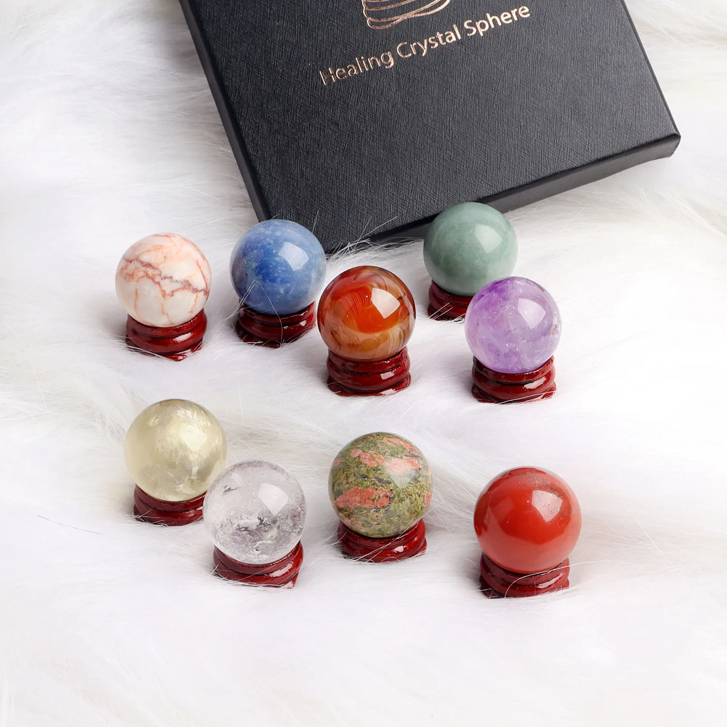9pcs Mixed Natural Crystal 3cm Ball Quartz Chakra Stone Sphere Mineral Meditation Reiki Healing Collection Home Decor Gift Box