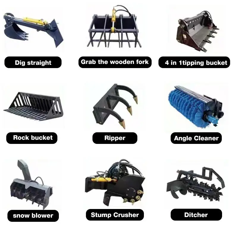 Skid Steer Attachments Four in One Tipping Bucket Snow Blower Ditcher Swing head stump crusher Attachment for Mini Loaders