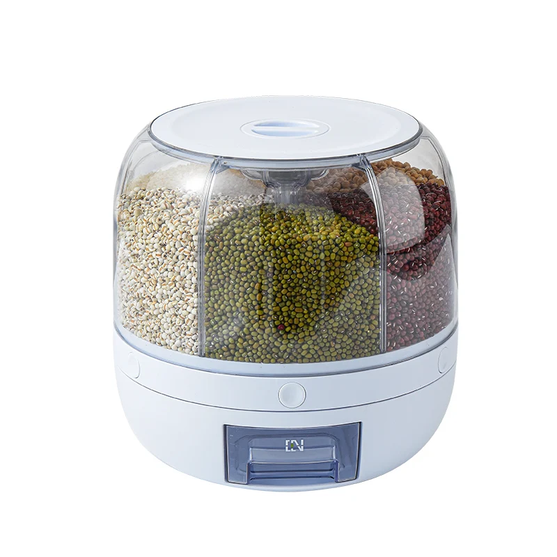 Round 6 Compartment Rotating Rice Dispense Sealed Cereal Dispenser Grain Storage Container with Lid