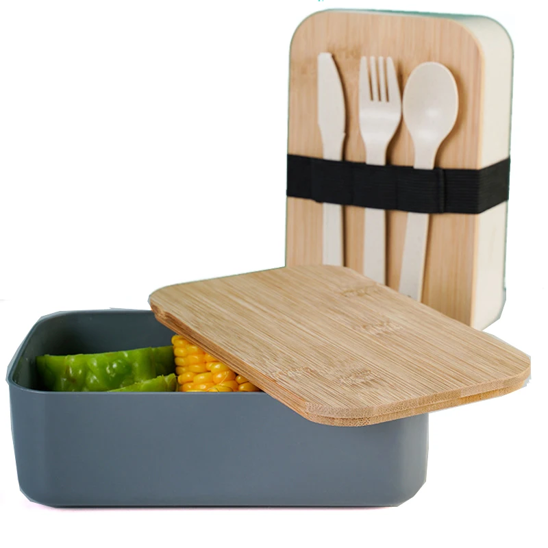 Оптовая продажа, пластиковый Ланч-бокс без БФА из пшеничной соломы и ложки, вилка, нож, контейнер для еды с бамбуковой крышкой