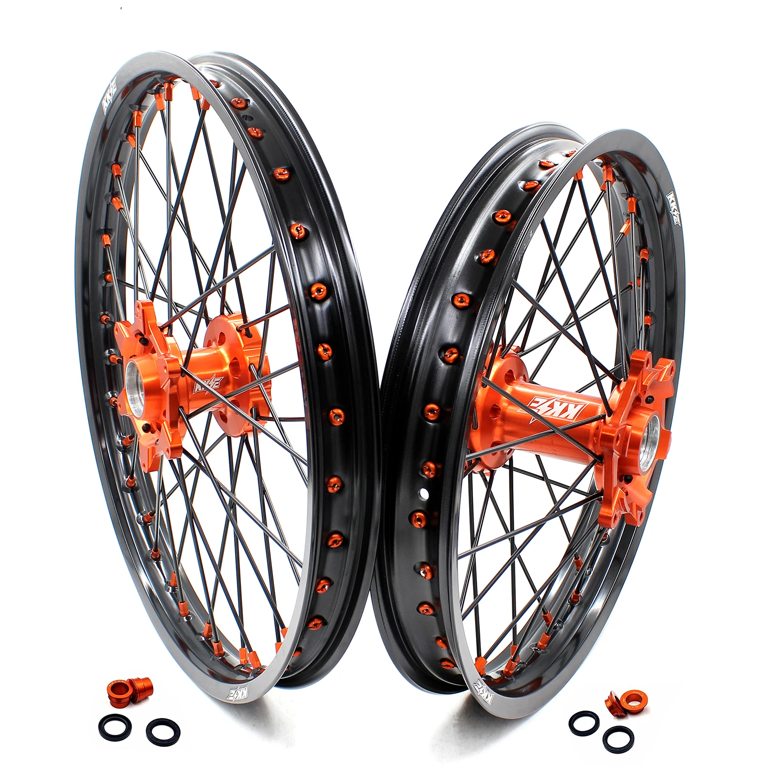 KKE Motorcycle Dirt Bike MX Enduro Wheels Fit KTM125 450 EXC SX-F Orange Hub Black Rim Orange Nipple Black Spoke