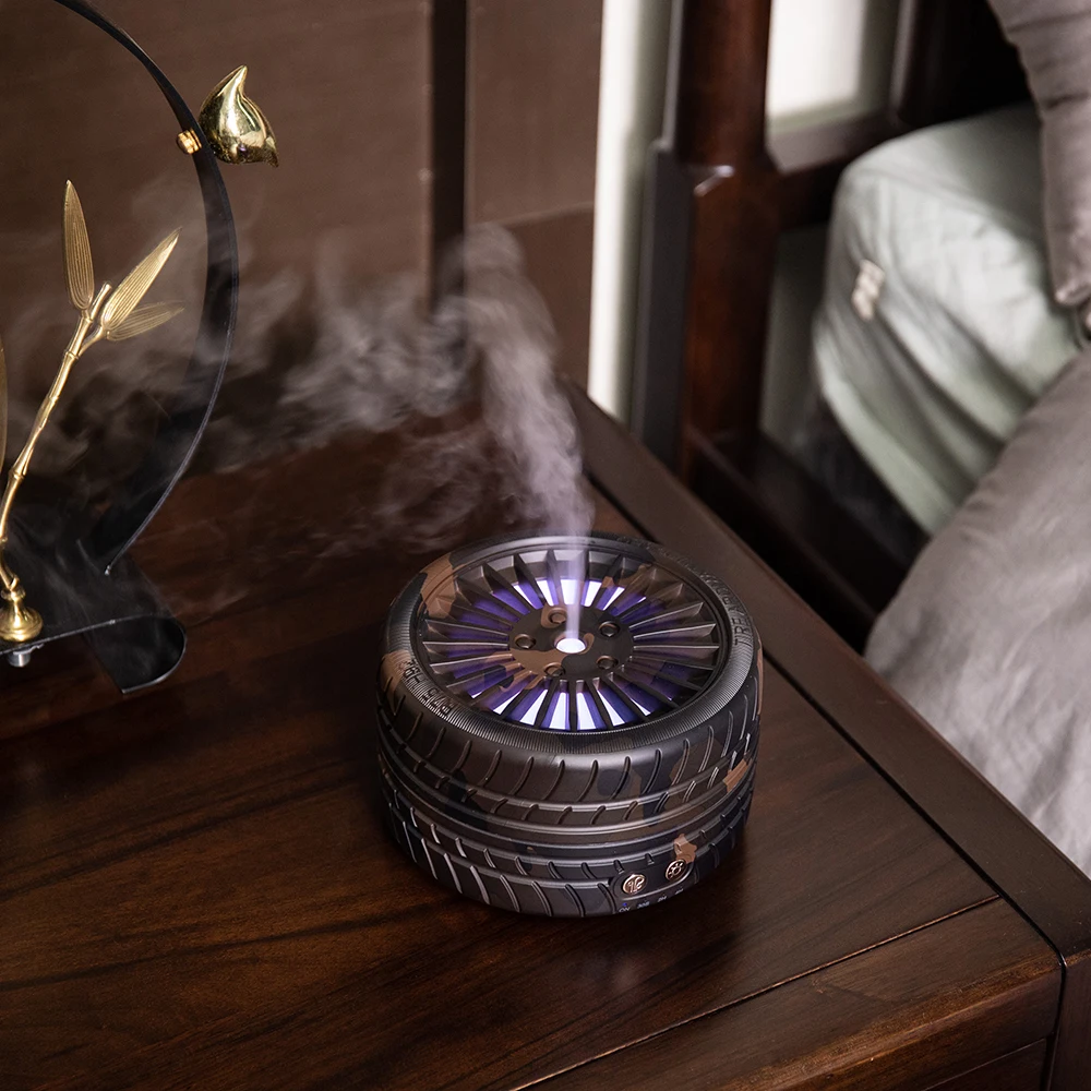 
Hot Sale Tyre Shaped 300ml Mini Ultrasonic Essential Oil Aroma Diffuser With Breathing Light For Bedroom 