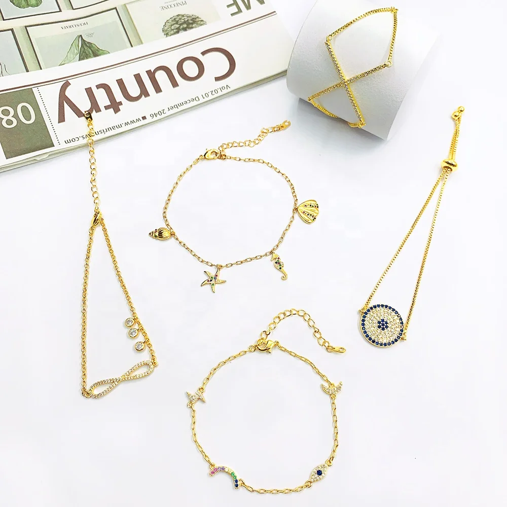 Wholesale Turkish gold plated bracelet iced out diamond Cross shell conch star flash eye Charms bracelet
