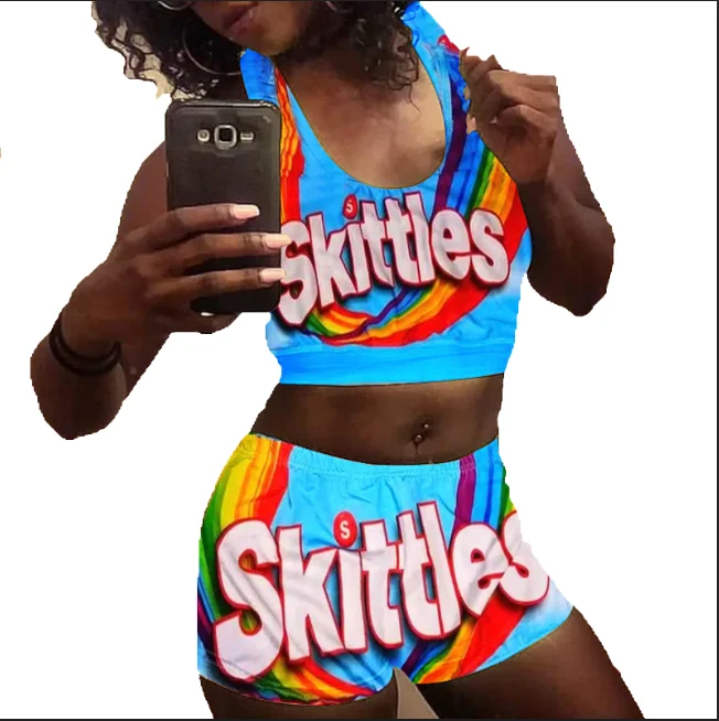 
Digital Print Sports Bra And Shorts Set for Women Two Piece Wholesale Women Candy Snack Shorts Set 