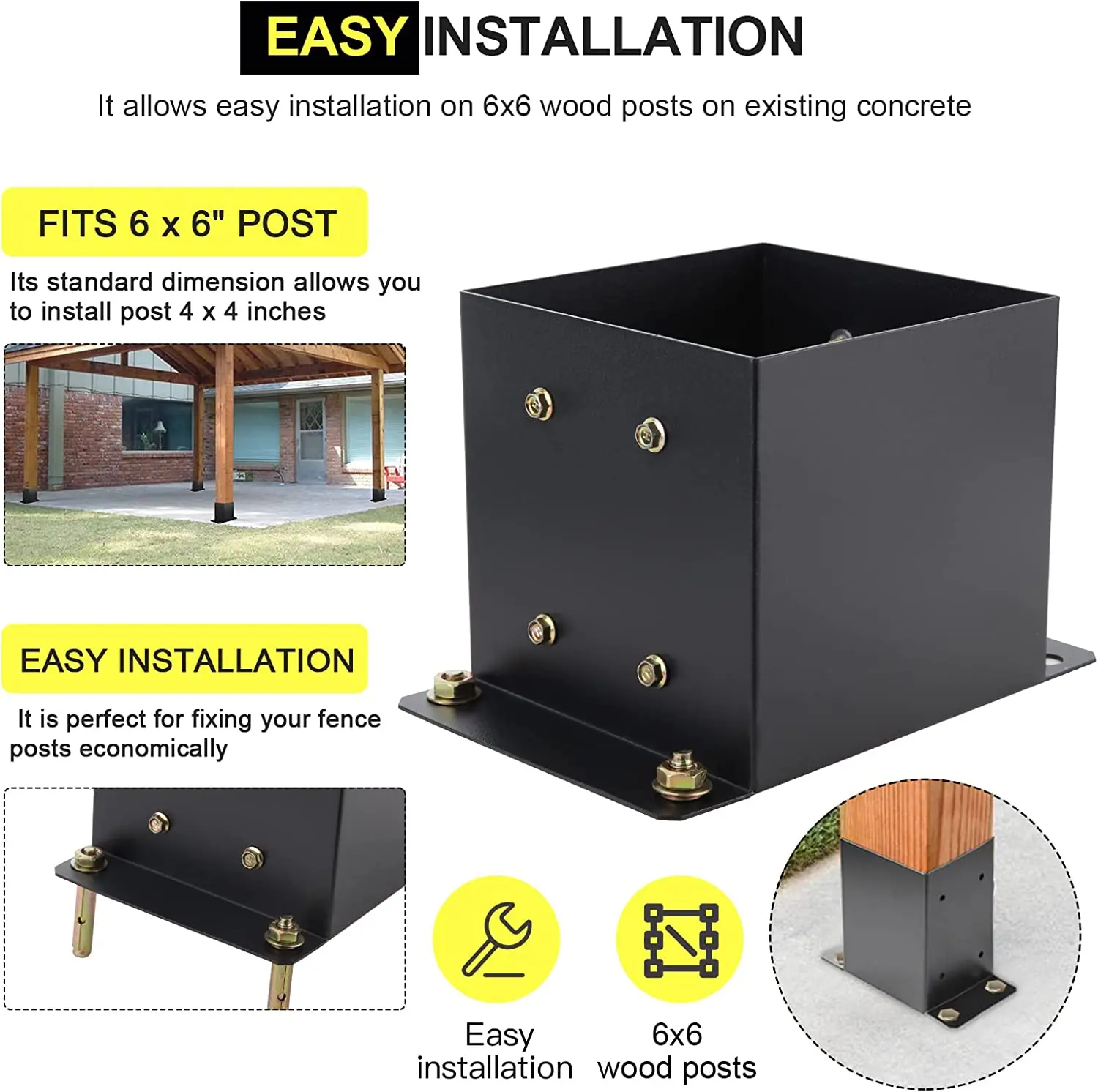 Post Bracket Heavy Duty Metal Post Anchor Powder Coated Wood Fence Post Anchor Base for Support Deck Base Plate