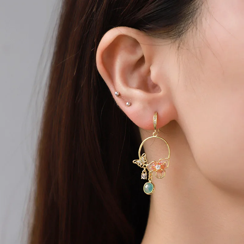 Wholesale Women Lady Chinese Style Elegant Copper Real Gold Plated oil dripping pink flower earrings enamel flower earrings