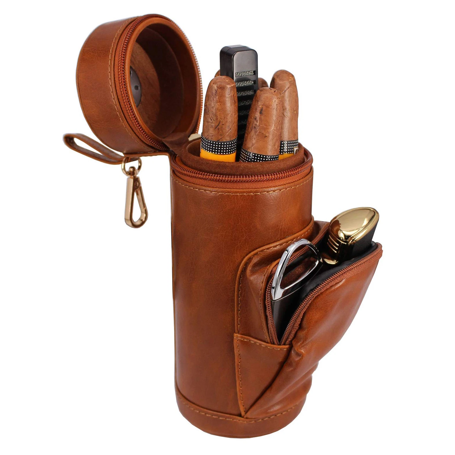 Amancy Brown Travel Zippered Golf Bag Pu Leather And Cedar Wood Lined Humidor Case With Pocket