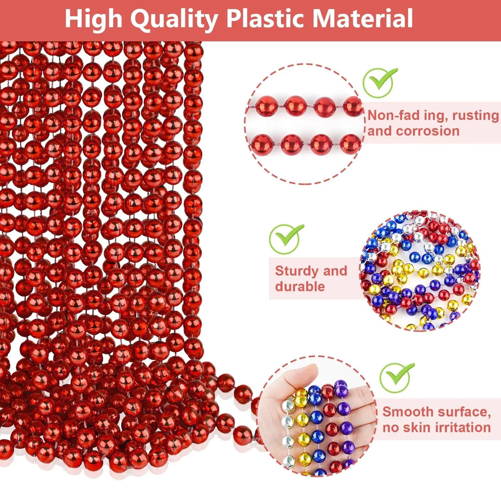 33 Inch 12 mm Metallic Red Bead Necklaces Mardi Gras Beads Bulk Round Beaded Necklaces Costume Mardi Gras Necklace