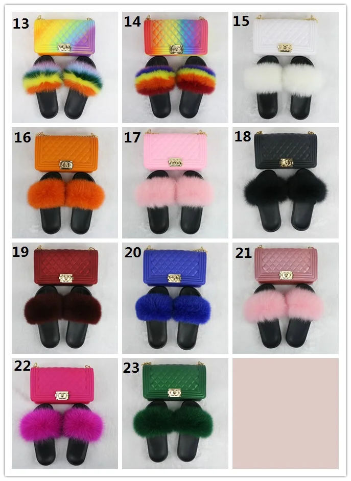 USA wholesale fox big fur slides slippers for women and with matching purse set jelly bag handbag vendors