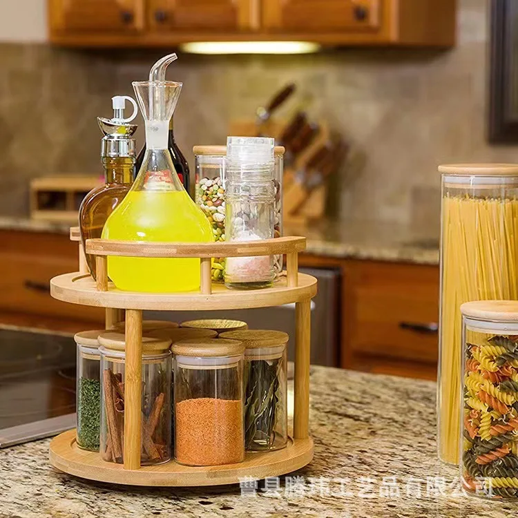 Bamboo Kitchen Shelf Home Wooden Spice Rack 2 Layer Rotating Tray Cabinet Spice Kitchen Storage Racks Removable