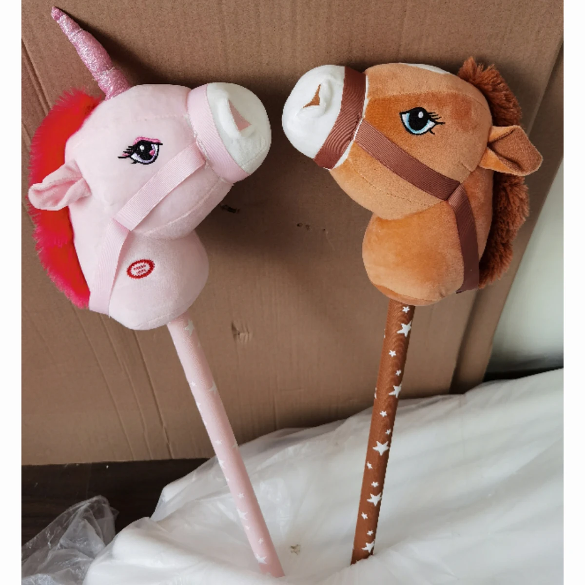 Plush Unicorn stick horse wood wheel real pony neigh and galloping sound plush toy white 27 inches