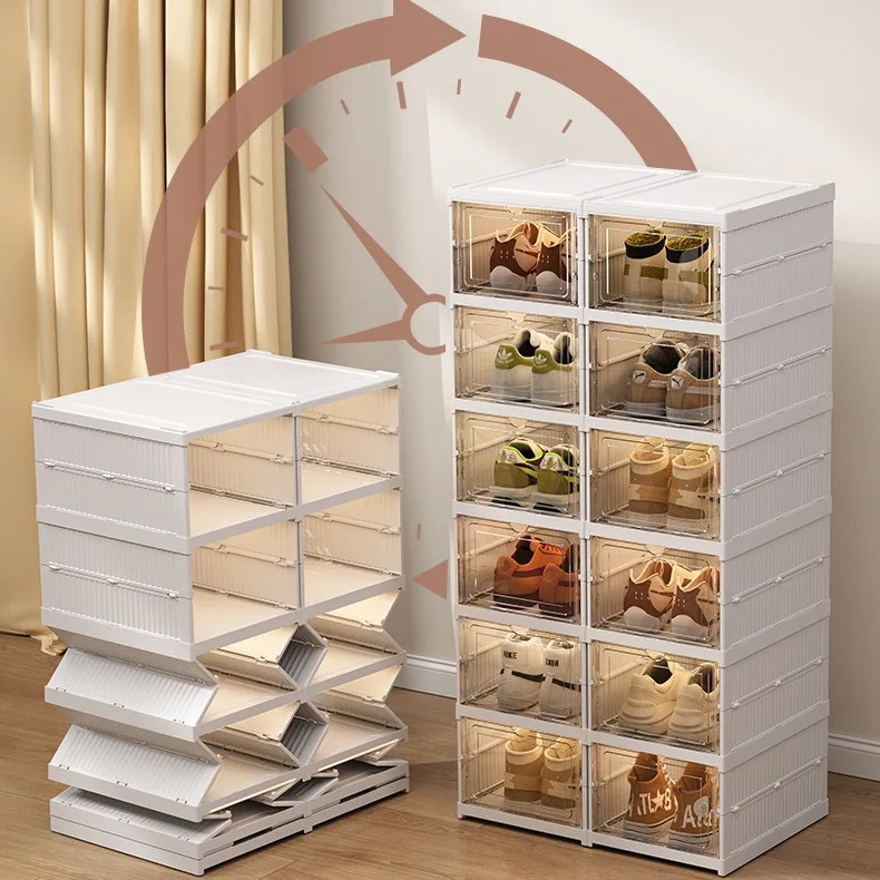 No Assembly Shoe Organizer Rack All-in-one Foldable Stackable Clear Plastic Shoe Storage Box Boots Sneaker Container Bins Holder