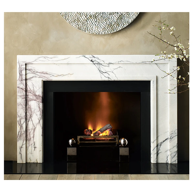 Modern home decoration fireplace surrounds handcraft carving calacatta viola marble fireplace mantel marble