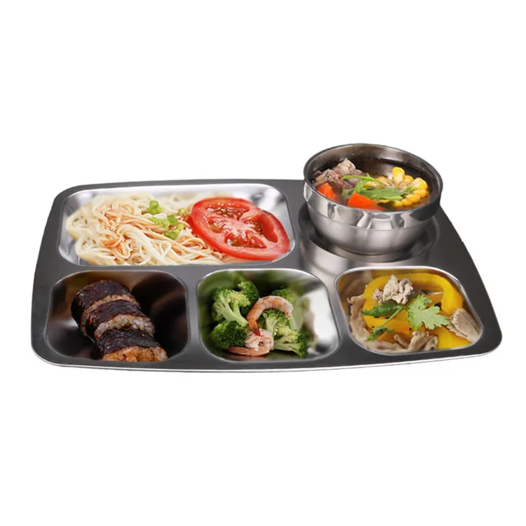 
School lunch box stainless steel lunch plate serving tray with compartments for canteen 