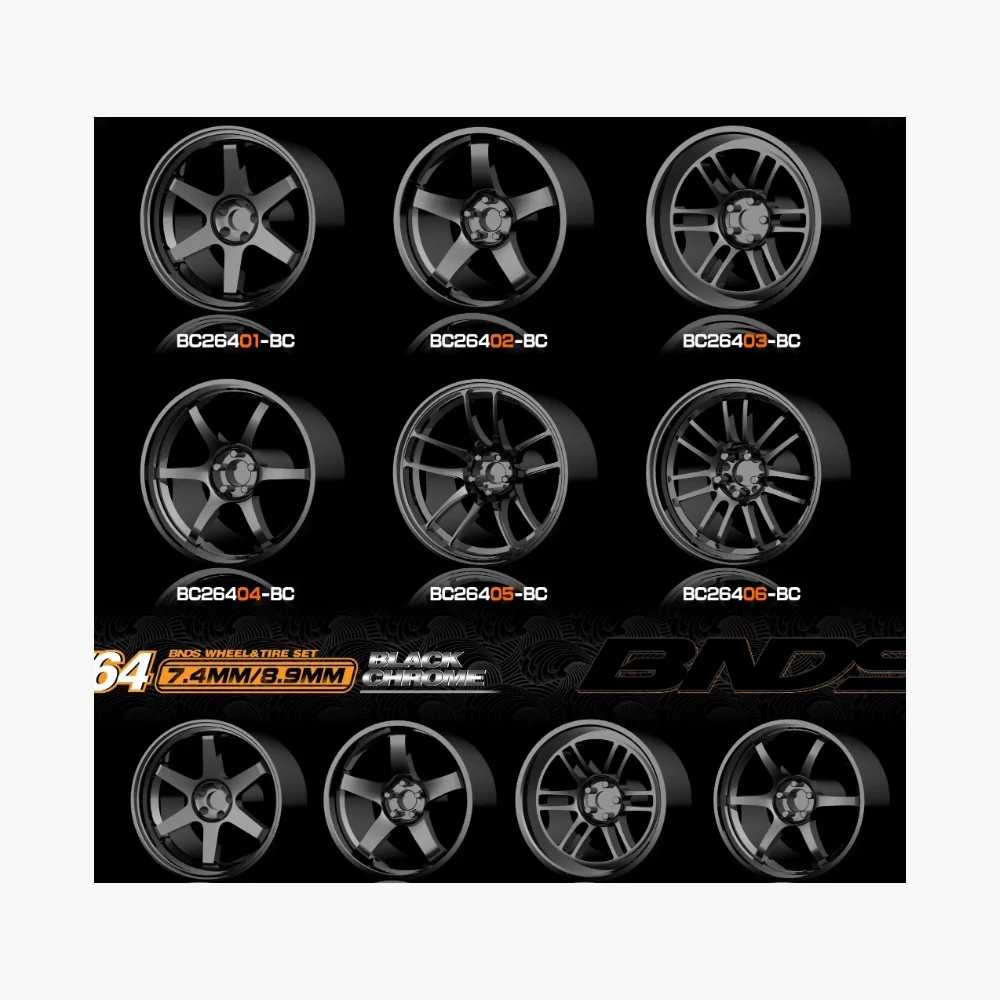1/64 Black Chrome ABS Wheels With Rubber Tires By BNDS Assembly Rims Modified Parts for Model Car Refitted Model Car 4pcs Set