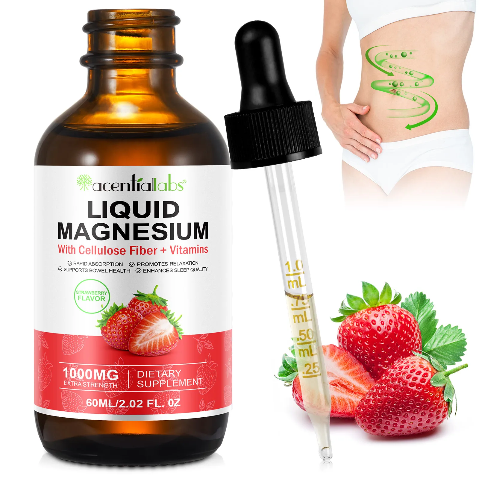 Acentiallabs cellulose fiber vitamins supports bowel health 60ml magnesium glycinate supplement liquid drops magnesium glycinate