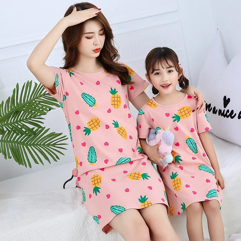 Детская летняя ночная рубашка из чистого хлопка с короткими рукавами и мультяшным принтом, тонкая свободная одежда для девочек, домашнее обслуживание для родителей и детей
