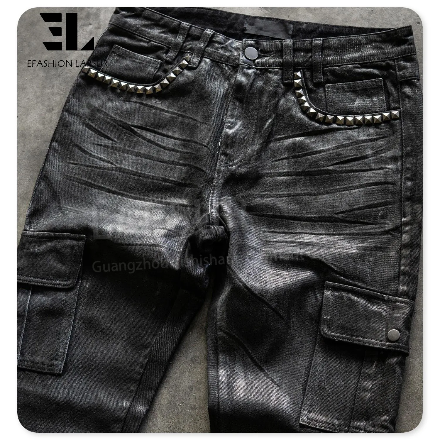 LARSUR Custom factory distress waxed foil pu coated studded rivet denim flare pants slim fit biker motor flare cargo jeans men