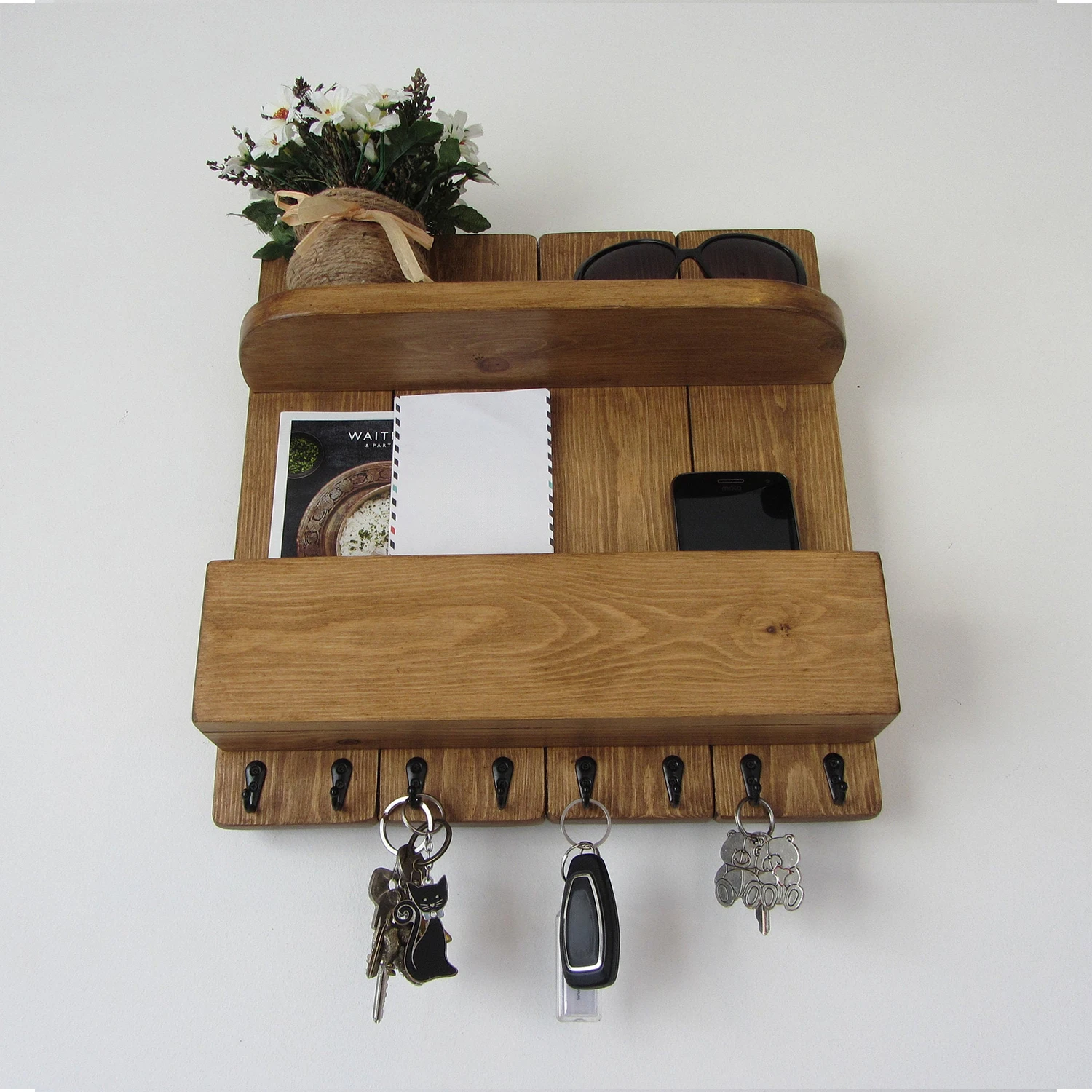Entry Way Key Organizer Wall Mounted Mail Holder Wooden Wall Organizer Key Holder with Shelf Large Entryway Shelf with Hooks