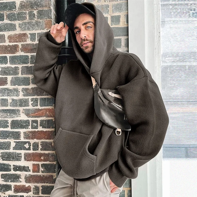 Custom oversized knitted pullover hoody sweaters for men heavyweight knitted fabric hoodie