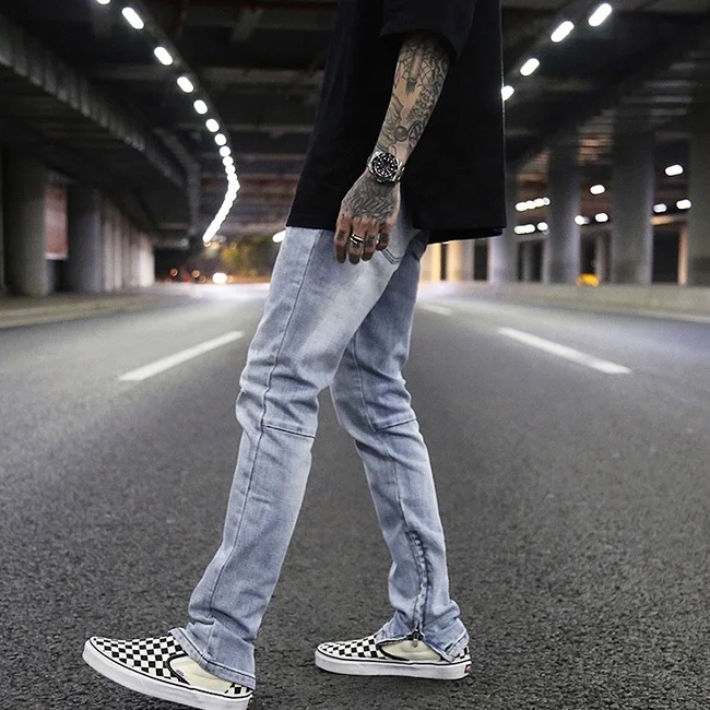 
OEM street light blue washed straight denim jeans ankle zipper slim fit pants casual vintage outdoor trousers stock dropshipping 