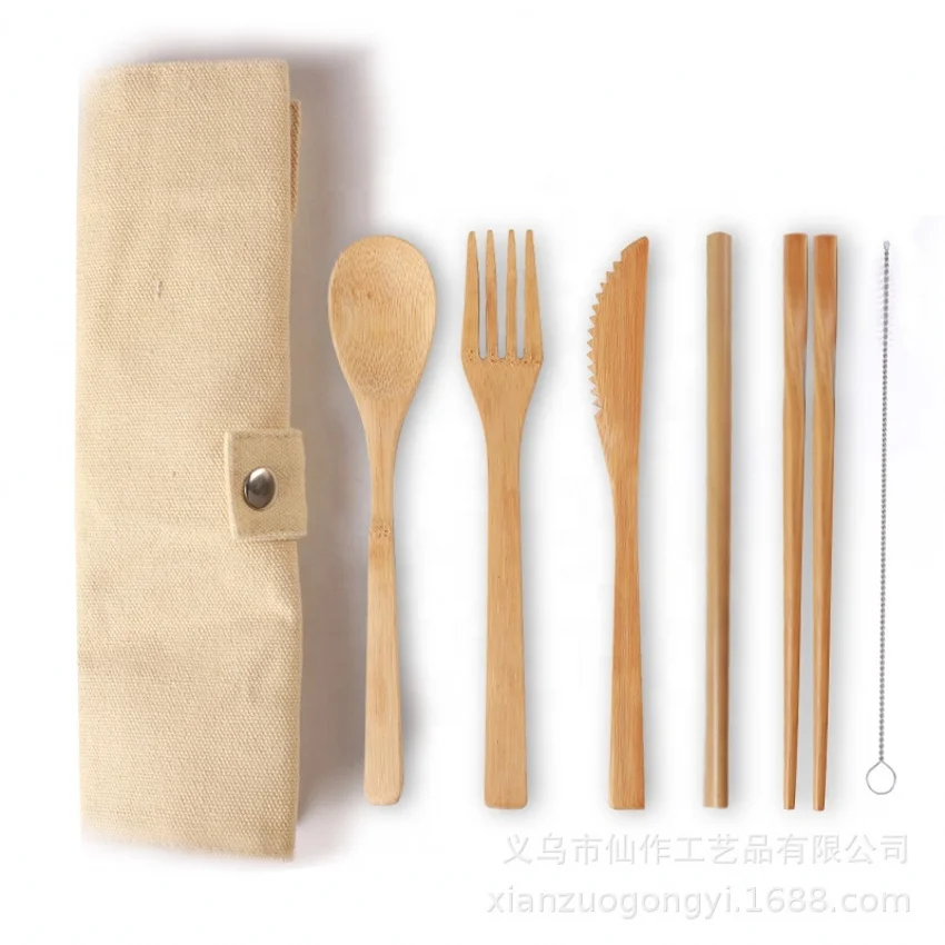 Picnic Bamboo Cutlery Set Portable Bamboo Travel Utensils Fork Spoon Knife and Straw